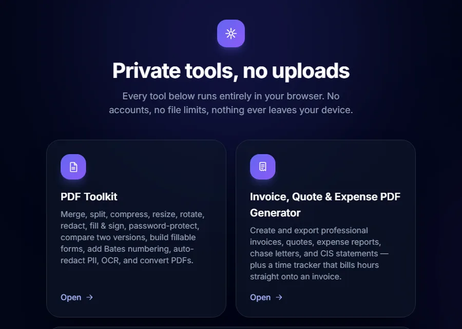 App hub with cards for PDF Toolkit, Invoice Generator and Expense Log