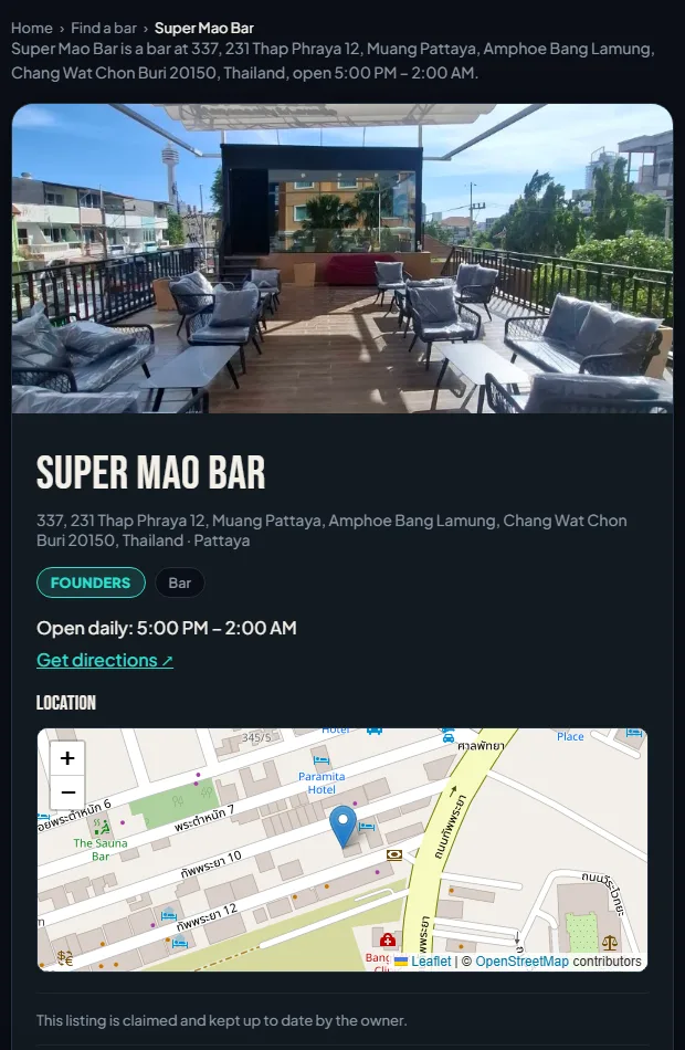 A bar's own listing page with photo, opening hours, a Founders badge and a map