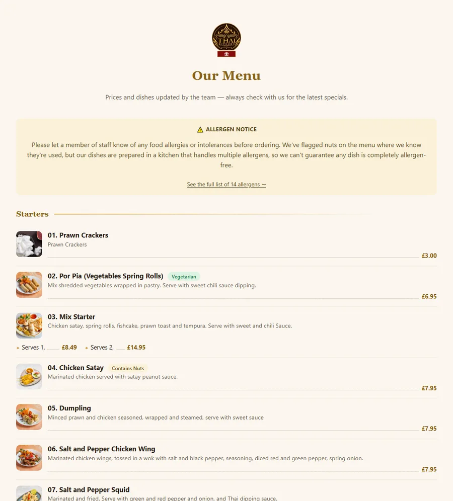 Thai Kitchen online menu showing starters with photos, prices and vegetarian and nut labels